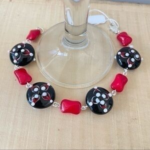 $49 SALE Handmade Chunky Glass Bead Bracelet Black Red White 8.5” Mod Retro Gift